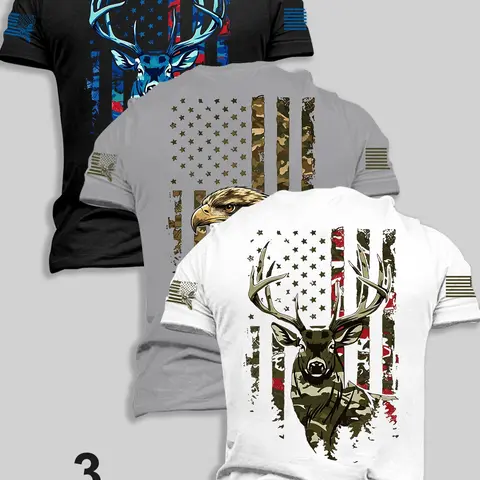 3 Pack Men's Crew Neck Short Sleeve T-Shirts, Vintage Distressed Star Stripe Flag & Wildlife Animal Eagle Deer Graphic Print on Back & Sleeve, Soft Casual Tees for Outdoor Hunting, Camping, Travel and Leisure, Patriotic Streetwear