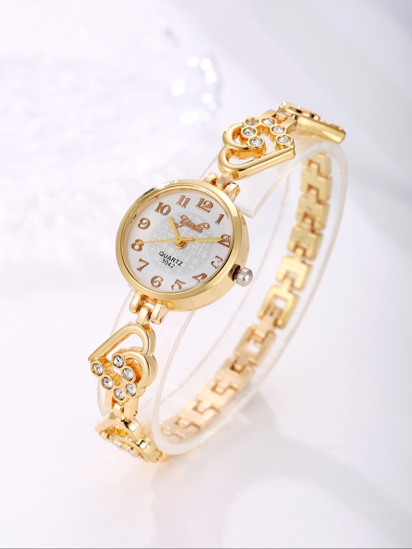 Elegant Fashion Round Dial Quartz Watch & Heart Shape Pendant Necklace, Ring, Stud Earrings, Bracelet, Trendy All-match & Exquisite Watch Set As Gift