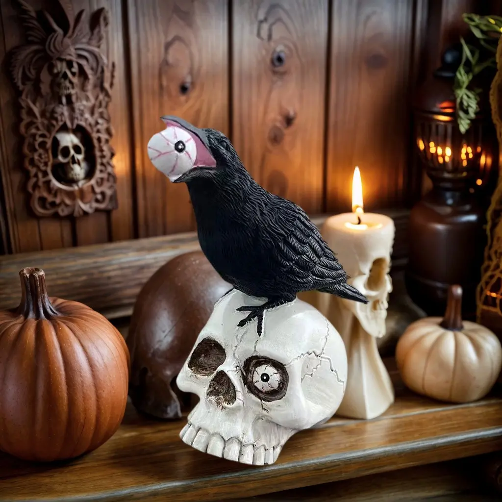 Halloween Resin Skeleton Crow Sculpture Gothic Black Raven Skull Tabletop Figurine, Hand Painted Spooky Animal Statue Decor, Indoor Window Yard Haunted House Bar Classroom Trick Or Treat Party Layout Ornament, Gothic Holiday Gift for Fall Cosplay Photo Sh