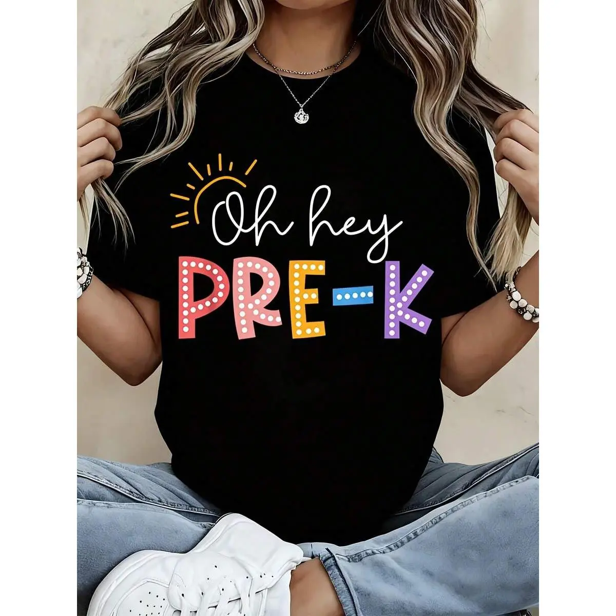 Black T Shirt Oh Hey Pre K Sun And Colorful Letters Design For Preschool Teachers And Students Back To School Season