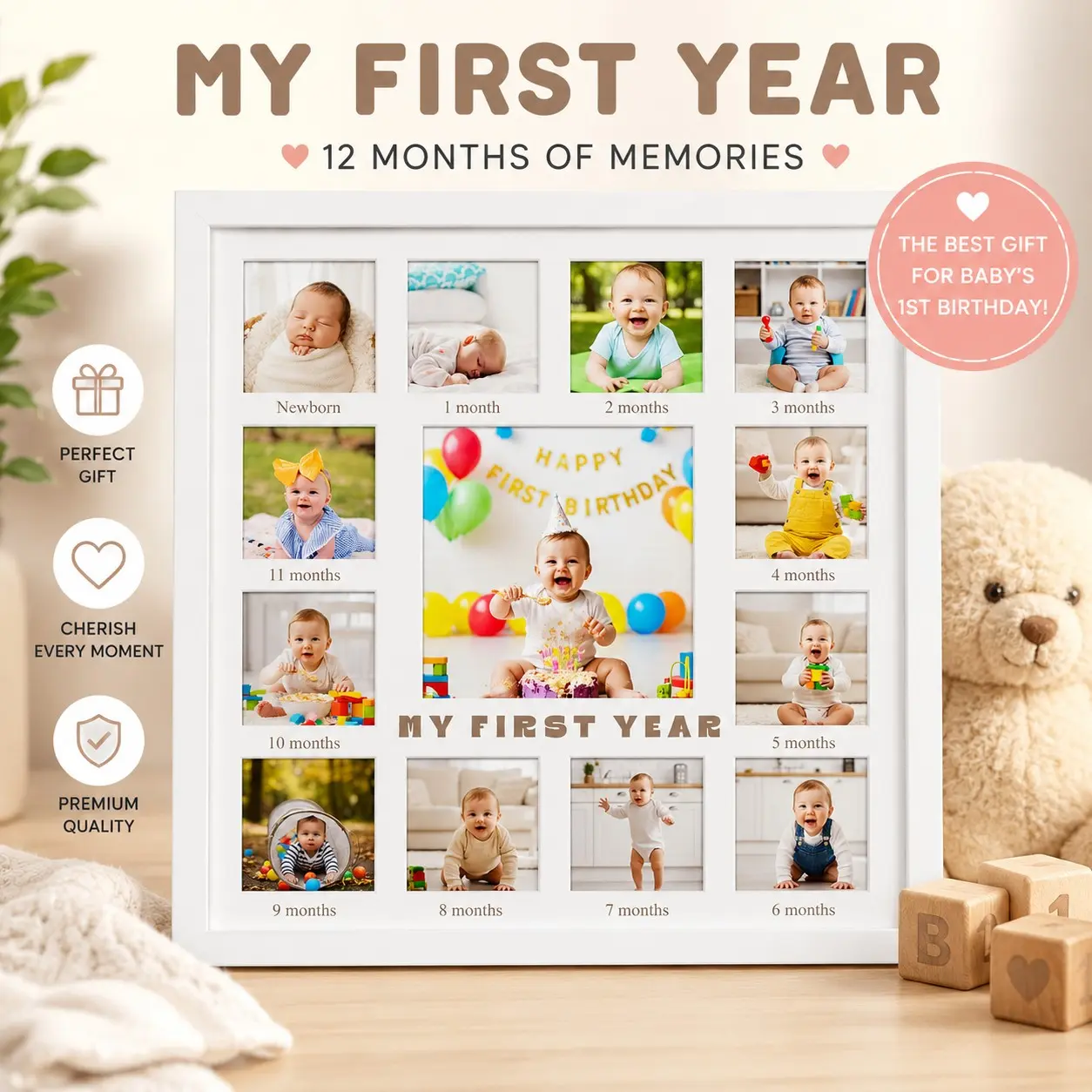 Baby Growth Collage Photo Frame, Wooden 12 Openings, Multi Picture Frame, Monthly Milestone Picture Frame, Newborn Memory Keepsake, Collage Picture Frames For Wall, Wall/tabletop Decor