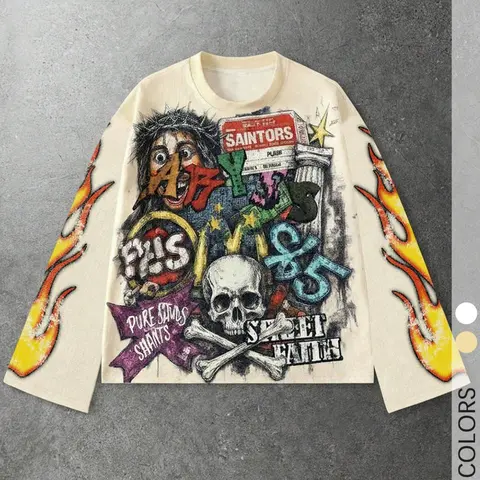 Waffle Knit Long Sleeve Tee, Vintage Graffiti Skull Flame Print, Crew Neck Streetwear Top for Men, Hip Hop Daily Casual Outfit