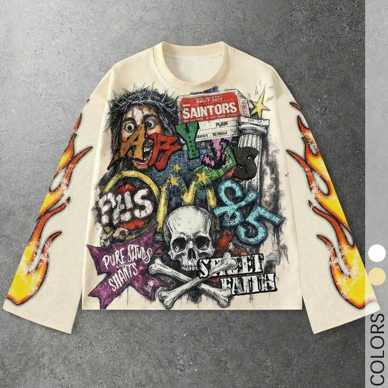 Waffle Knit Long Sleeve Tee, Vintage Graffiti Skull Flame Print, Crew Neck Streetwear Top for Men, Hip Hop Daily Casual Outfit
