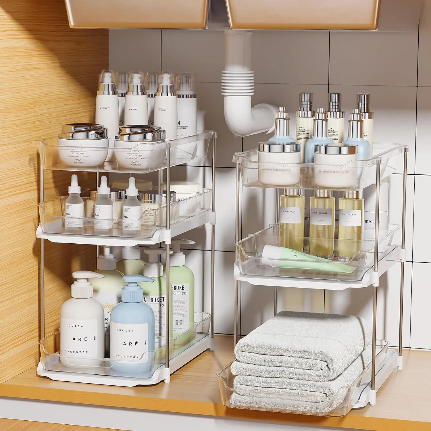 2 Sets of 3-Tier Bathroom Under Sink Organizers and Storage, Multi-Purpose Stackable Pantry Organization and Storage, Pull Out Clear Kitchen Bathroom Cabinet Organizer with Movable Dividers | Storage
