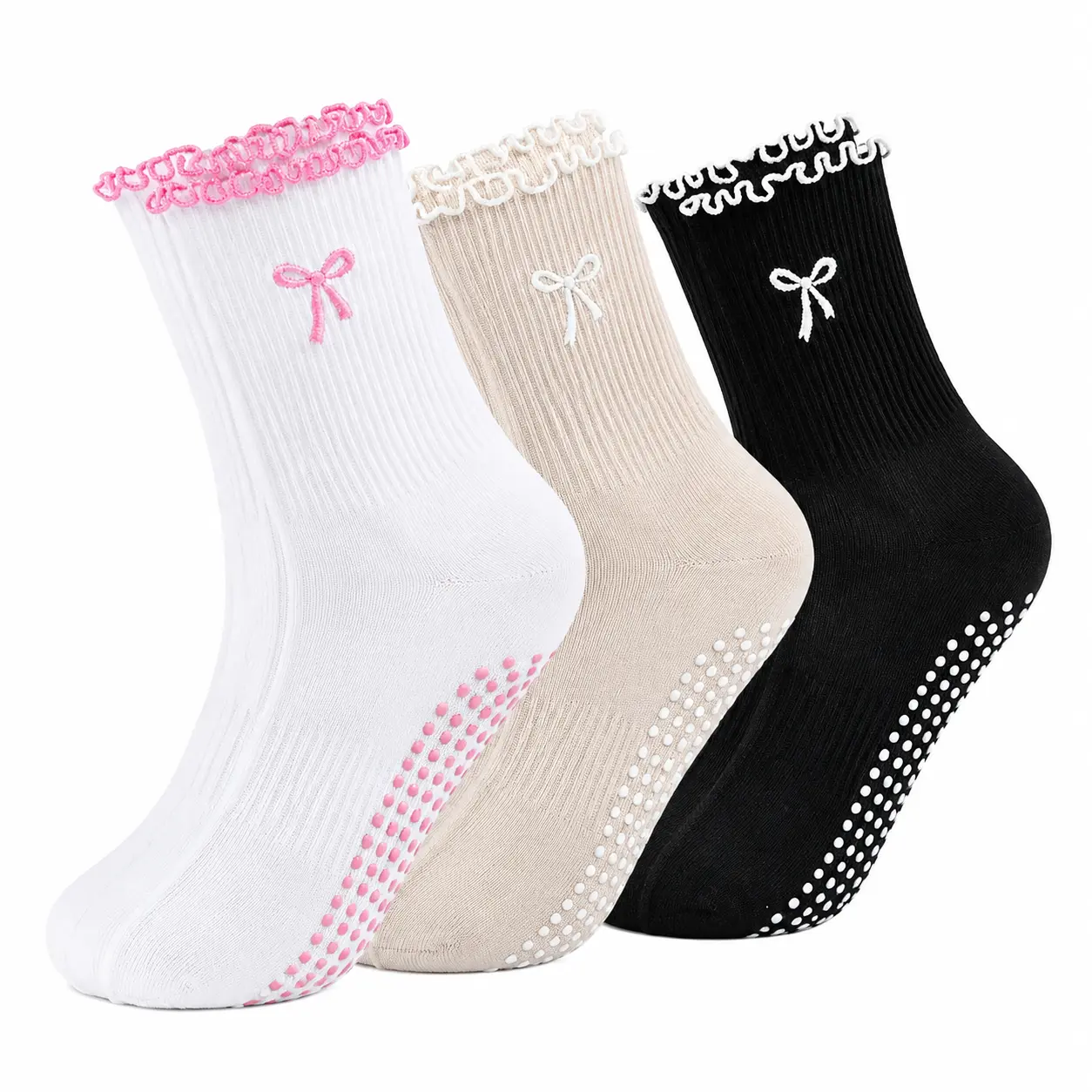 Women's Knee-High Performance Socks with Silicone Non-Slip Grip Pads, Breathable Cotton-Blend Fabric, Elegant Bow Embroidery Detail, Lightweight Support for Home Workouts, Yoga, Pilates, and Everyday Wear — All-Season Comfort Fit