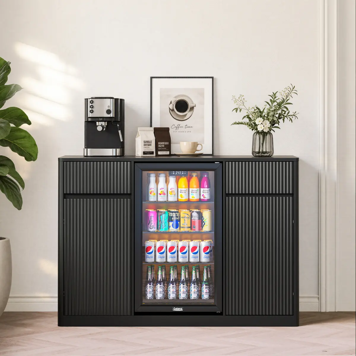 [Bellemave] 53'' Fluted Bar Cabinet with Fridge Space (Fridge Not Included), Modern Coffee Station with Charging Hub & Wine Glass Rack, Buffet Sideboard for Home Beverage & Liquor Storage