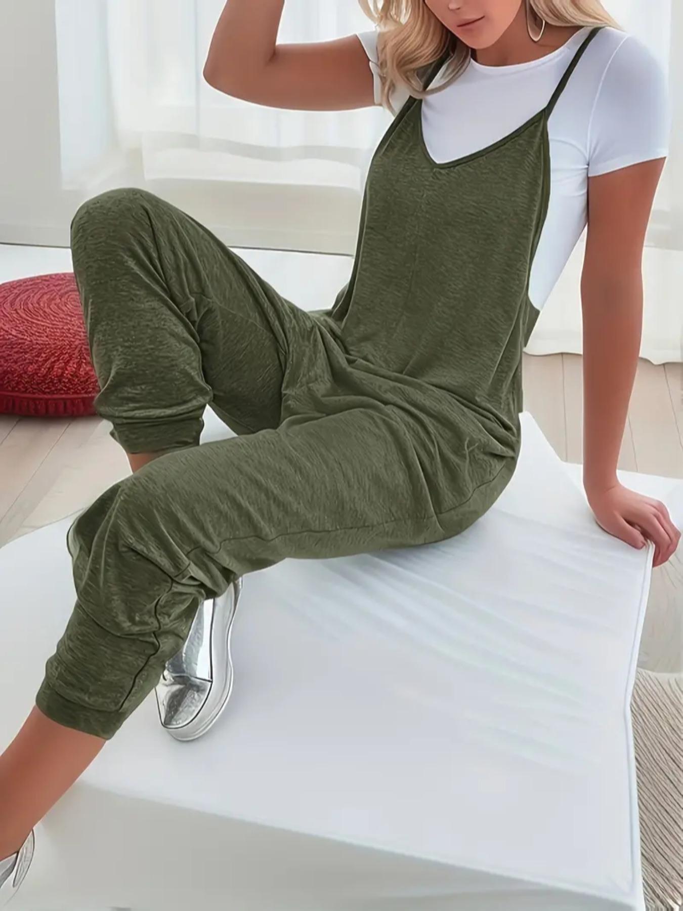 Women's Plain Pocket V Neck Overalls Jumpsuit without Tee, Casual Sleeveless Spaghetti Strap Cami Overalls Jumpsuit for Daily Wear, Ladies Clothes for All Seasons, Womenswear