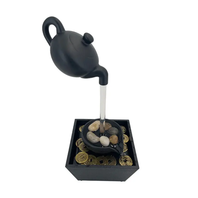 Floating Teapot Water Fountain Indoor Desk Decor Magic Illusion Running Water Ornament Feng Shui Wealth Lucky Coins Creative Tabletop Waterfall Office Home Decoration Relaxing Gift for Him