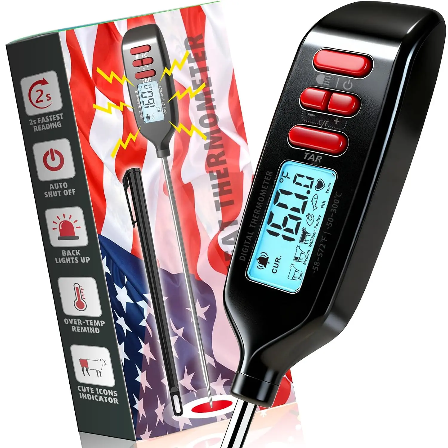 Meat Thermometer Digital,   Read  Thermometer with Super Long Probe for Cooking Grilling Baking Kitchen Candy BBQ Oil Liquid, Backlit Display,  Included