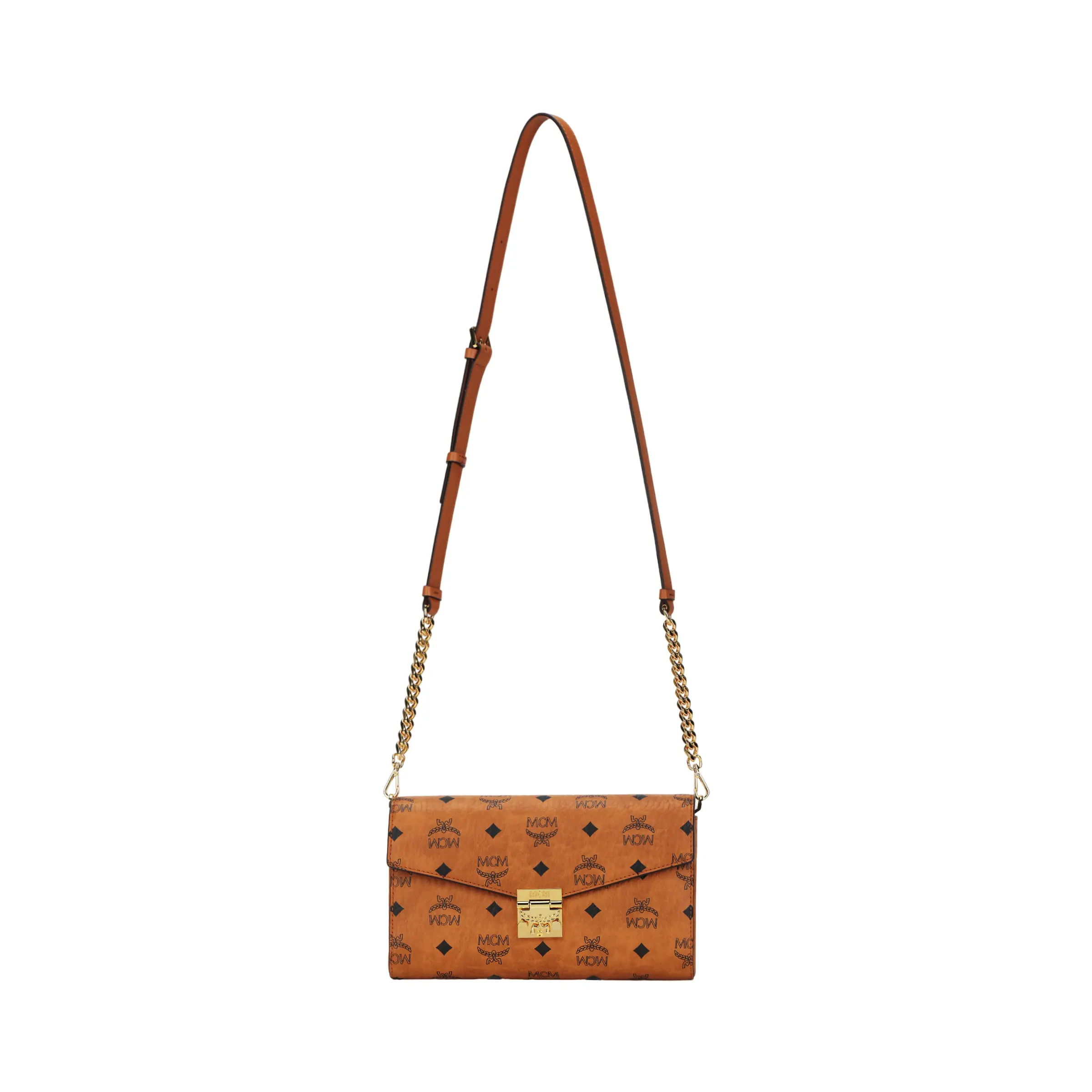 MCM Tracy Oversized Monogram Flip-Top Crossbody Bag for Women, Canvas and Leather Blend, Cognac Brown