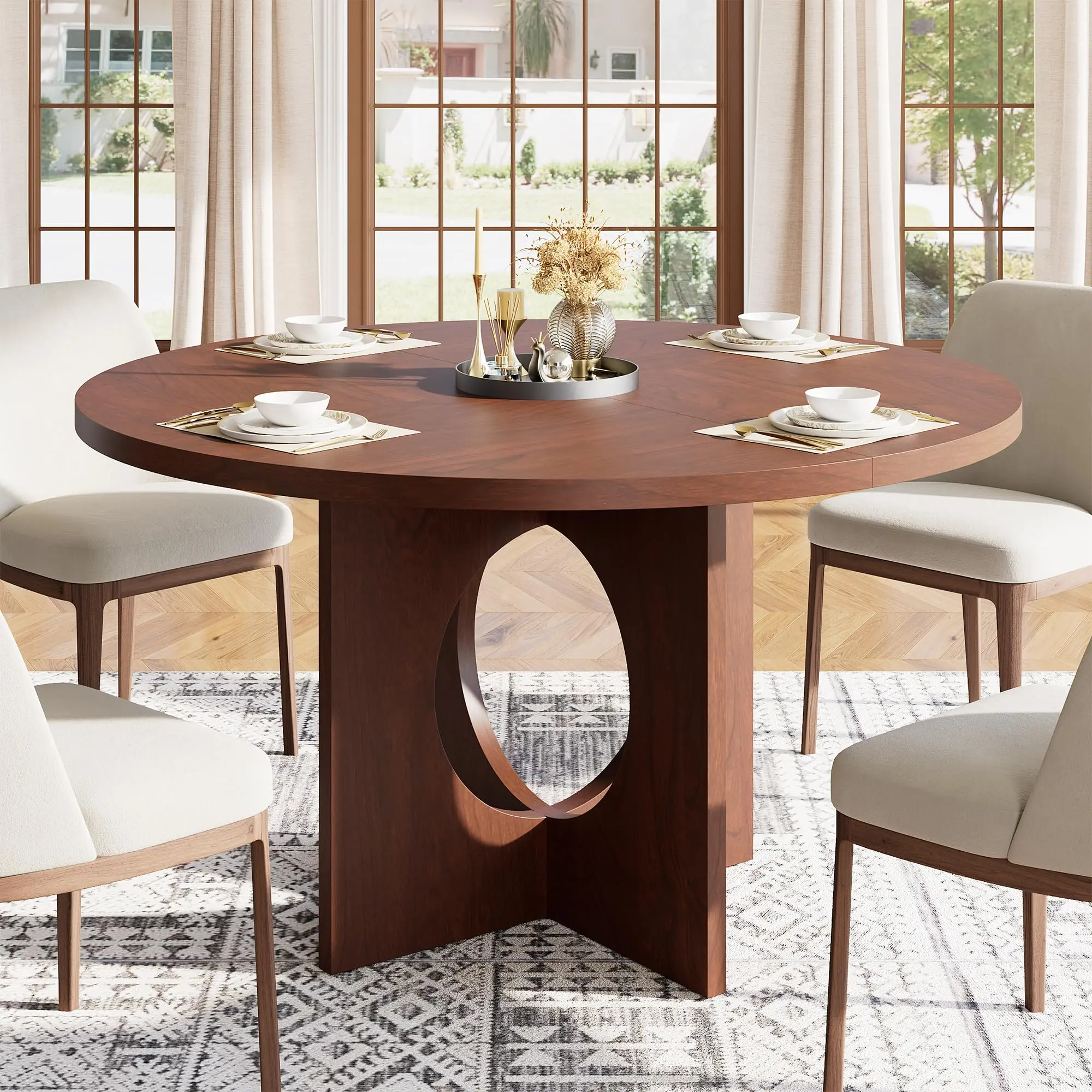Round Dining Table for 4-6 – Modern Pedestal Base, Space-Saving Design – Contemporary Furniture for Kitchen, Living Room, Apartment