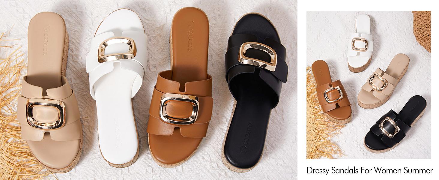 Fashare Womens Platform Sandals Cork Beach Slip on Wedges Metal Buckle Slides Open Toe Summer Shoes