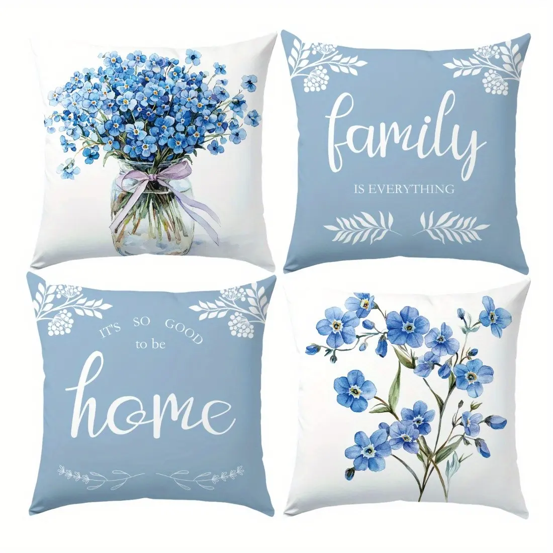 4pcs Light Blue Floral Pillow Covers, Home Decor Pillow Cases for Living Room Sofa Bedroom, No Insert Included, Stylish and Comfortable