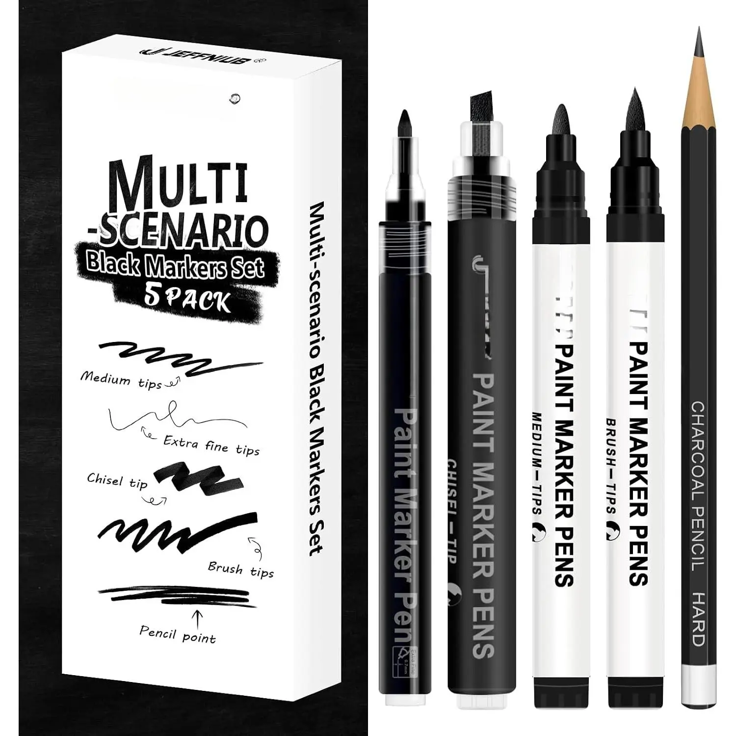 5 Black  Pens - Fine Tip, Brush Tip, Round Tip, Chisel tip & Pencil Point Pens, Black   Markers for Rock Painting, , Metal, Fabric, Canvas, Highlighting, Sketching