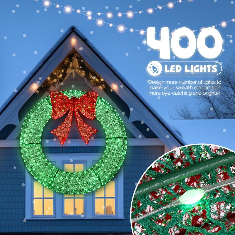 30-50cm Pre-Lit Outdoor Christmas Wreath Decoration with 400 Warm White LED Lights Timer Remote Control Green Red Bow for Home Exterior Garden