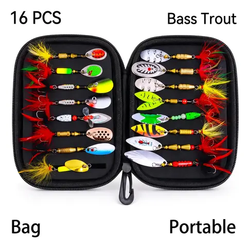 16-Piece Fishing Spinner Lure Set with Storage Bag, Spoon Baits & Artificial Lures for Bass & Trout, Portable Fishing Tackle Kit, Fishing Gear, Fishing Supplies, Ideal for Anglers