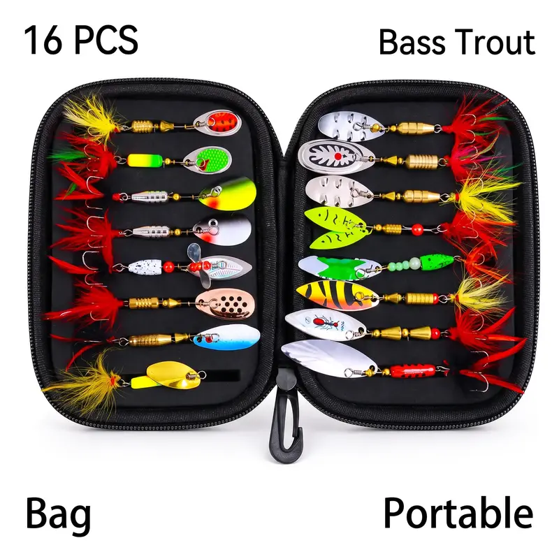 16-Piece Fishing Spinner Lure Set with Storage Bag, Spoon Baits & Artificial Lures for Bass & Trout, Portable Fishing Tackle Kit, Fishing Gear, Fishing Supplies, Ideal for Anglers