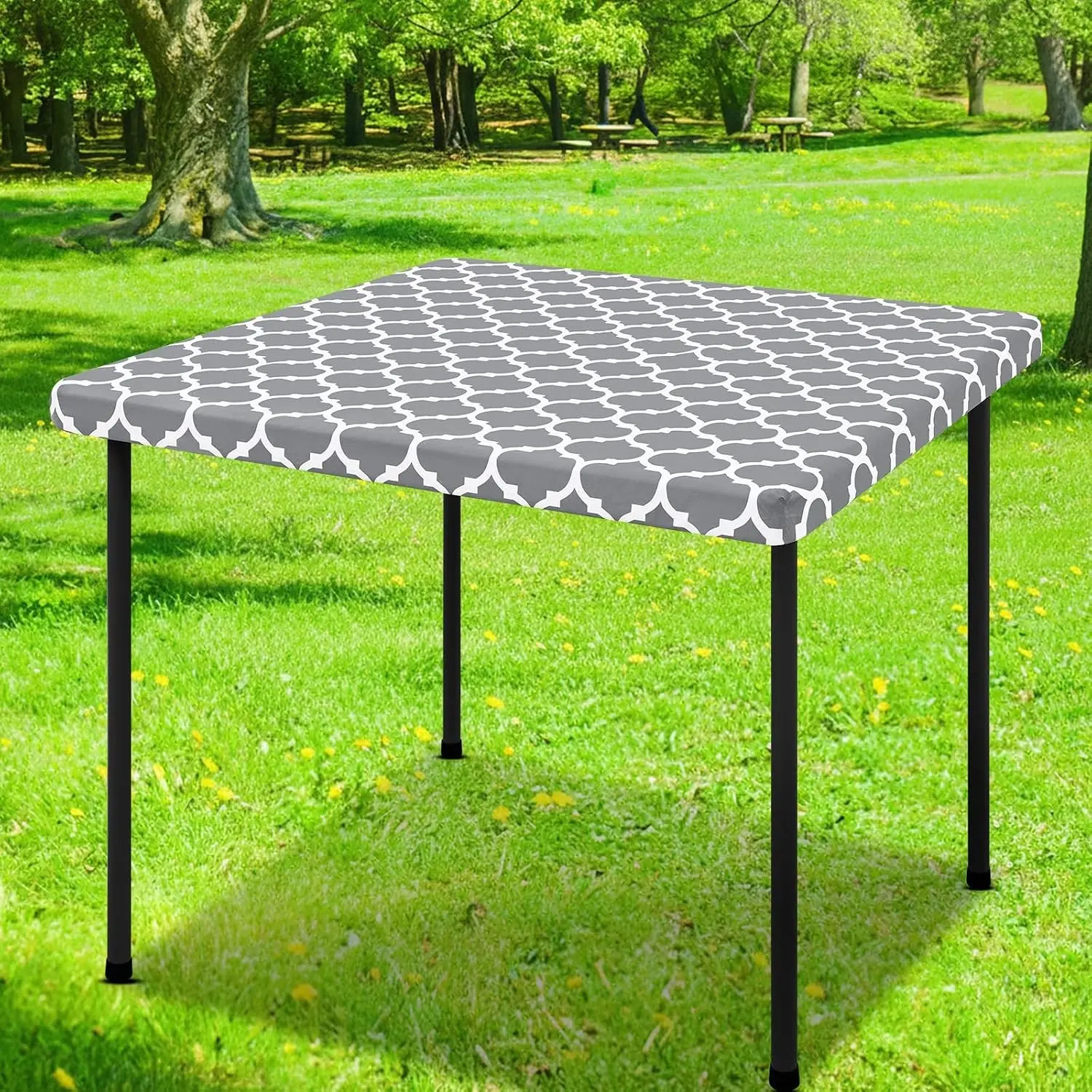 Square Picnic Table Cover, Waterproof Elastic Fitted Camping Tablecloths, Wipeable Flannel Backed Vinyl Tablecloth Protector for Indoor, Outdoor (Grey, 36x36 Inches)
