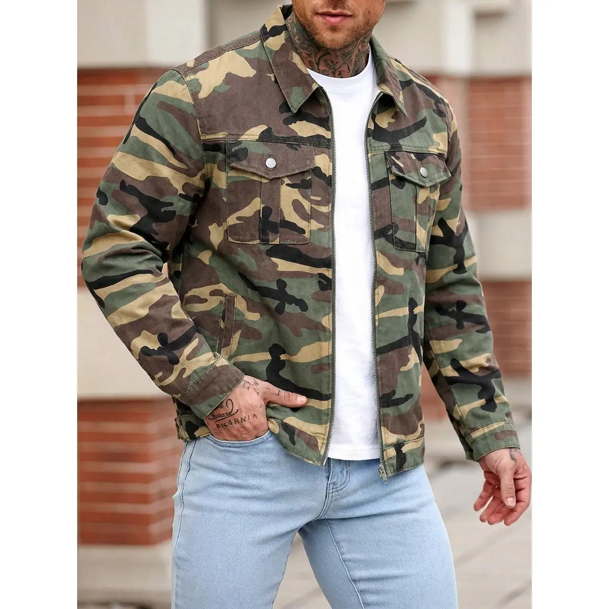 Men's Camouflage Jacket Military Style Camo Print Long Sleeve Coat with Zipper Closure and Chest Pockets Casual Streetwear Outerwear Fashion Clothing for Daily Wear Outdoor Work Hip Hop Style