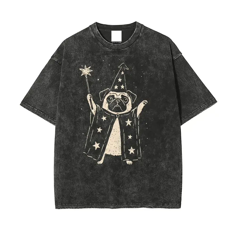 Unisex Vintage Wizard Pug & Star Wand Short-Sleeve Washed T-Shirt - Baggy, Oversized, Loose, Casual, Super Soft Streetwear Menswear Sports Top for Sports & Outdoor Activities, Shortsleeve
