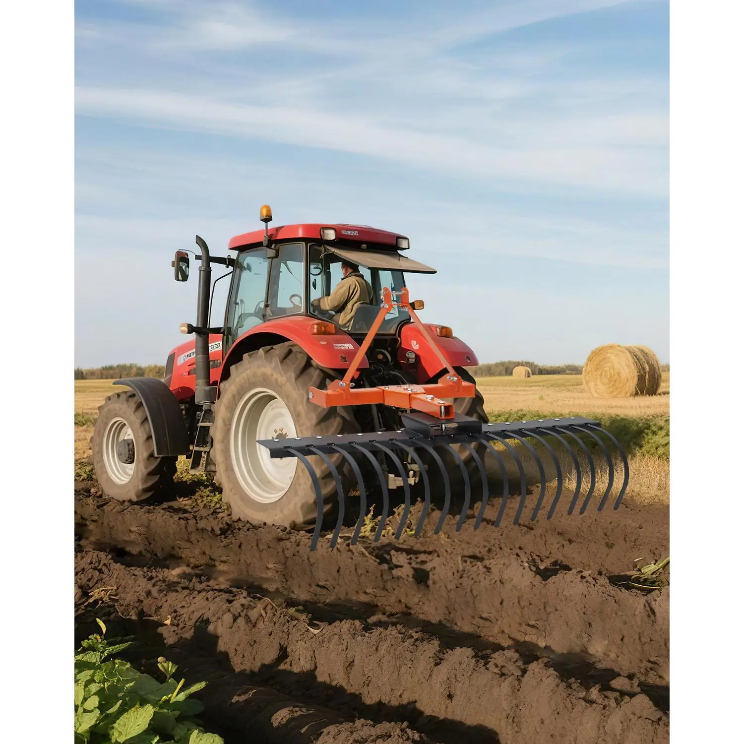 Heavy Duty 50" 3-Point Landscape Rock Rake for Category-0 & 1 Tractors – 360° Rotating, Replaceable Spring Steel Tines, Quick Mount Design for Soil Preparation, Brush Clearing & Arena Raking