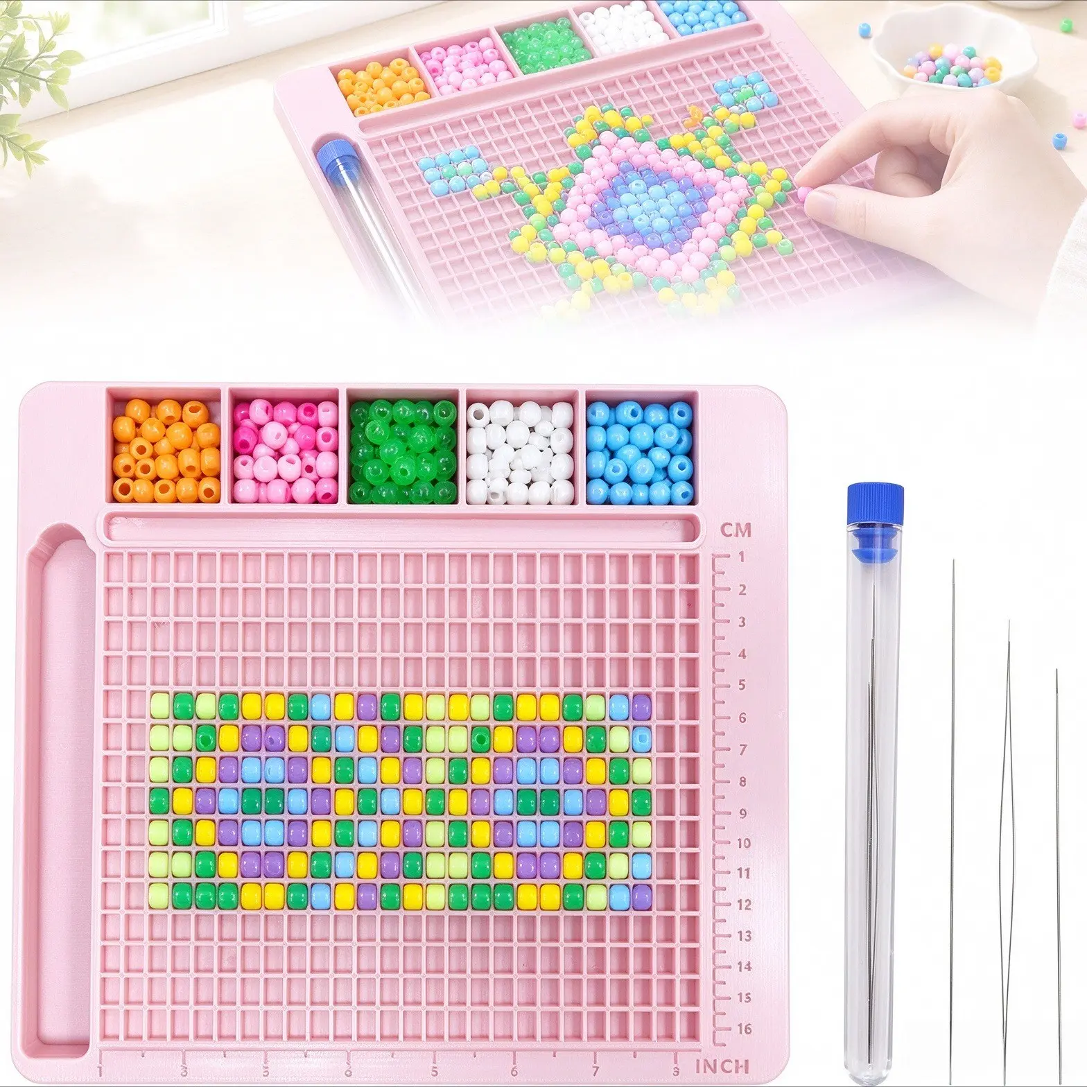 1 Pack Pony Beading Trays with 3 Beading Needles,Brick stitch planning tray and fast stringing tray, fits 6 x 9 mm pony beads and 6 x 6 mm letter beads