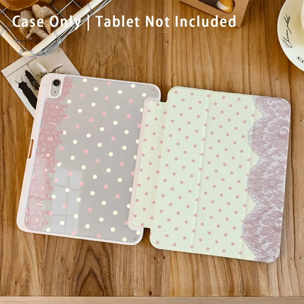 Tri-Fold Tablet Case with Apple Pencil Holder - Light Polka-Dot Pink Lace Coquette Aesthetic, Shockproof Protective Cover for iPad 7/8/9 Gen 10.2in, iPad Air 4/5/6/7/8 10.9in, Trendy Gift for Girls