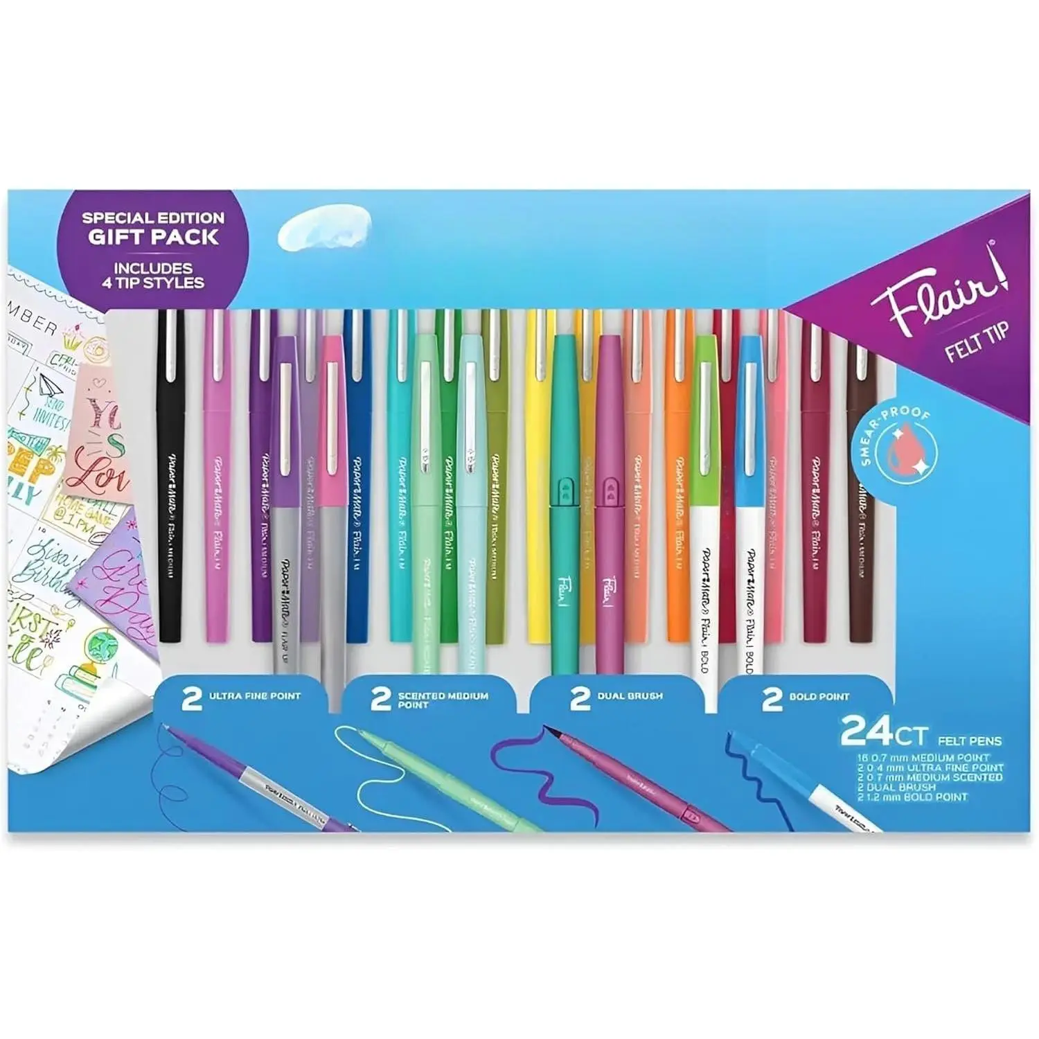 Flair Felt Tip Pens, 24 Colors, 4 Styles, 0.7mm Medium Point, No-Bleed Ink, Office Stationery for Students, Ideal for Drawing Ideas