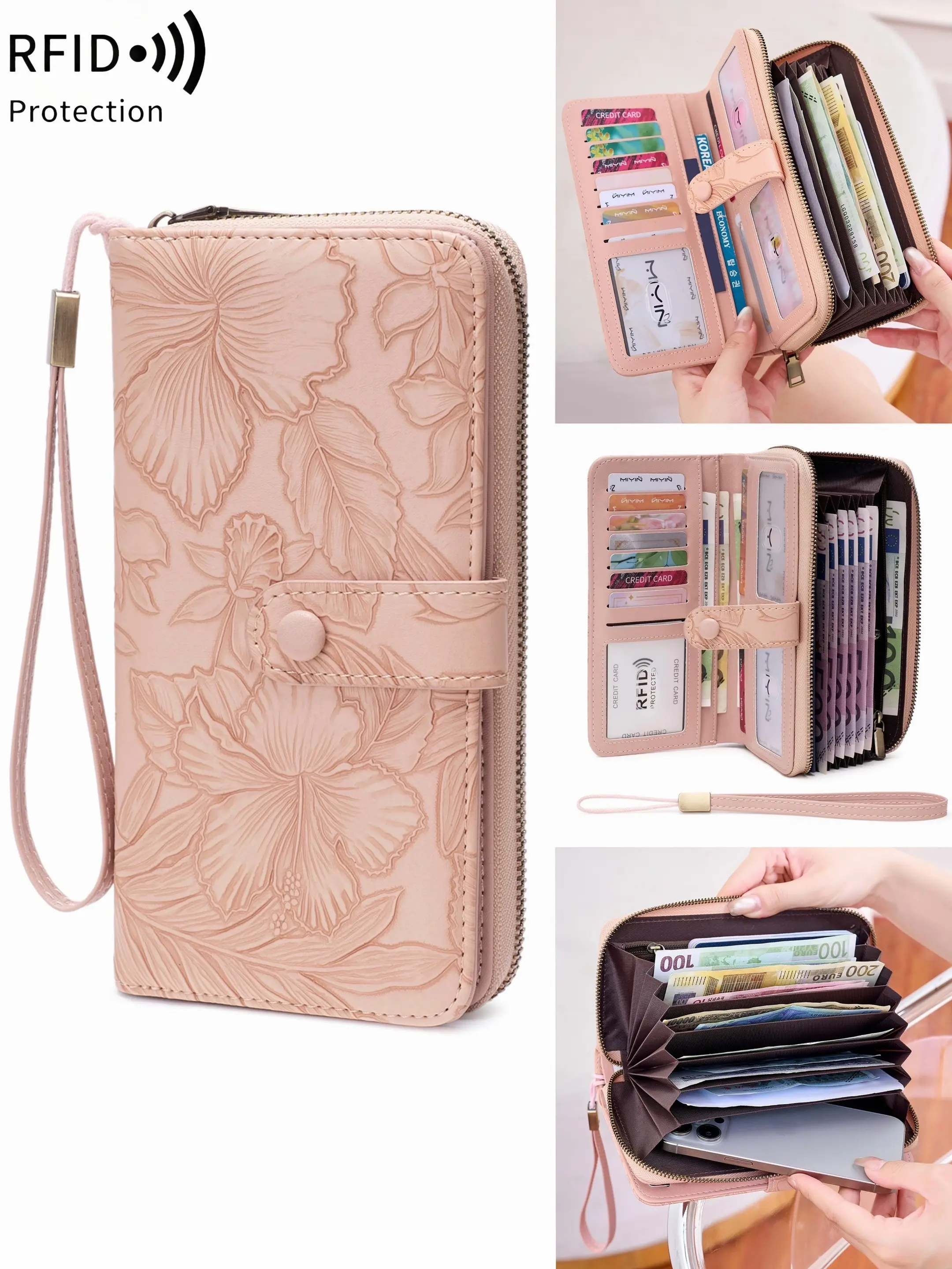 Women RFID Blocking Floral Embossed Long Wallet, PU Leather Zip‑Around Wristlet Clutch Purse, Accordion Multi Card Slots ID Window Large Capacity Phone Wallet With Wrist Strap, Multi‑Colors for Daily Travel