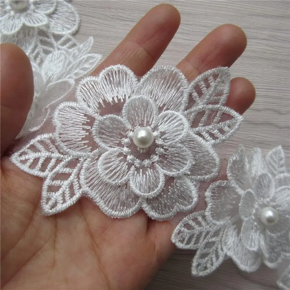 2 Yards White 3D Flower Pearl Embroidered Polyester Lace Trim Ribbon Fabric Applique Patchwork for Wedding Dress Handmade DIY Sewing Craft Supplies Decoration