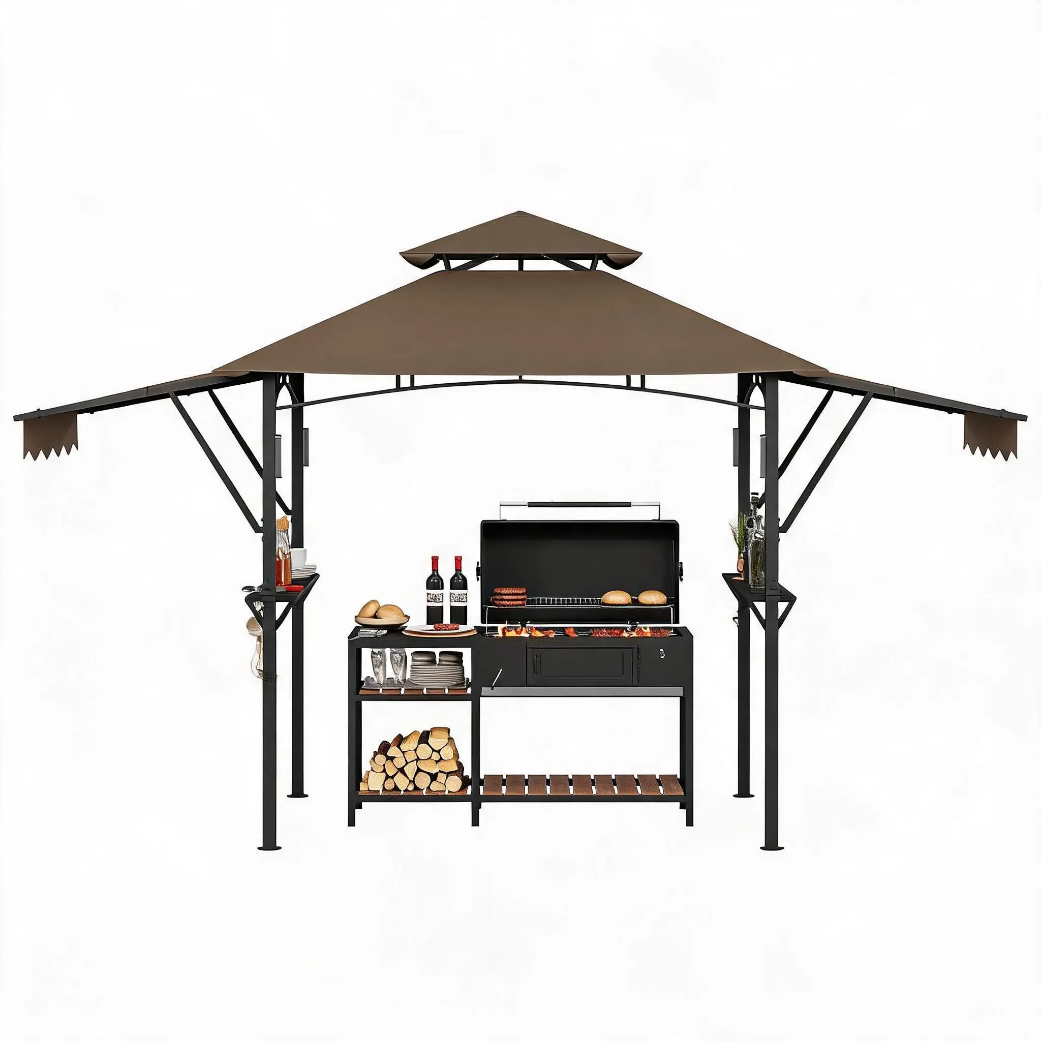 GAOMON Heavy Duty Gazebo Grill, 8x5 FT Outdoor BBQ Canopy with Double Roof, Adjustable Awnings, Side Shelves, Steel Frame, Smoke Ventilation, Light Hook, for Patio Backyard