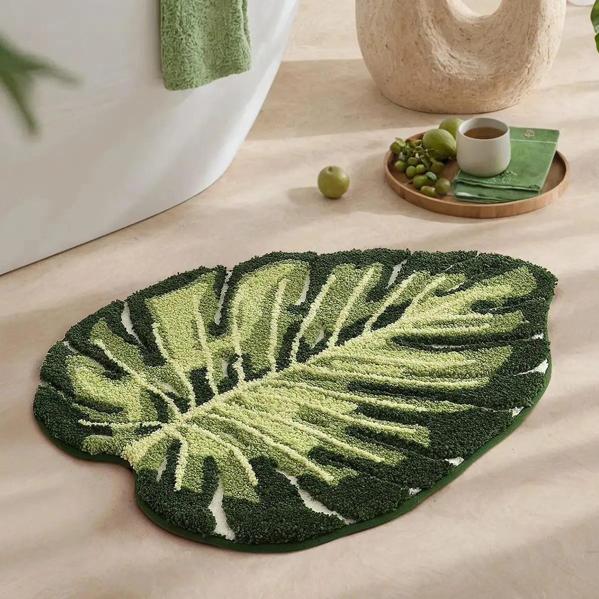 Green Monstera Leaf Bath Mat, Tropical Botanical Bathroom Rug with Absorbent Microfiber, Non-Slip Backing, Hawaiian Plant Print Floor Mat for Bathroom, Bedroom, Home & Indoor Decor sohochic