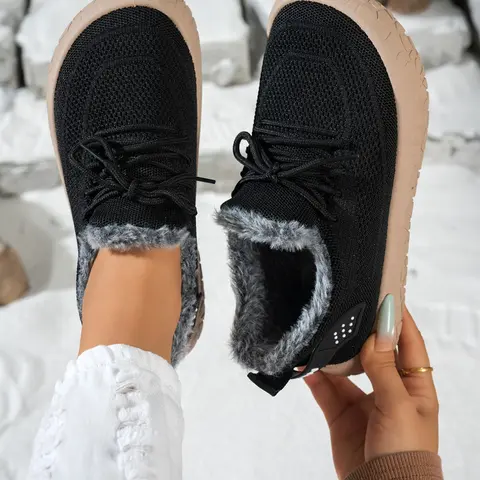 Wide Fit Women's Fleece Lined Flyknit Shoes, Winter Outdoor Warmth, Casual Low Top, Round Toe, Soft Rubber Sole, Anti-Slip, Comfortable Footwear