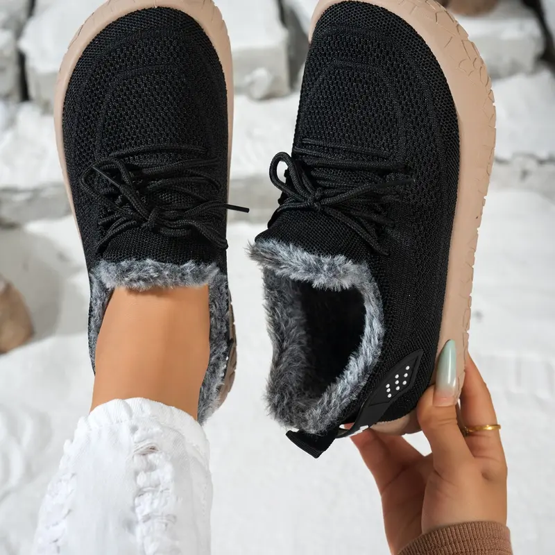Wide Fit Women's Fleece Lined Flyknit Shoes, Winter Outdoor Warmth, Casual Low Top, Round Toe, Soft Rubber Sole, Anti-Slip, Comfortable Footwear