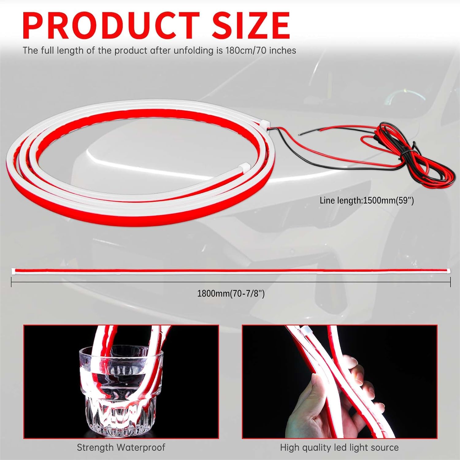 71" Dynamic LED Hood Light Strip,Waterproof Flexible Car Accessories with Startup Scan Effect & Fuse Protector ,Universal Fit for Cars,Trucks/SUVs, Cool White Exterior Lighting Gift for Men