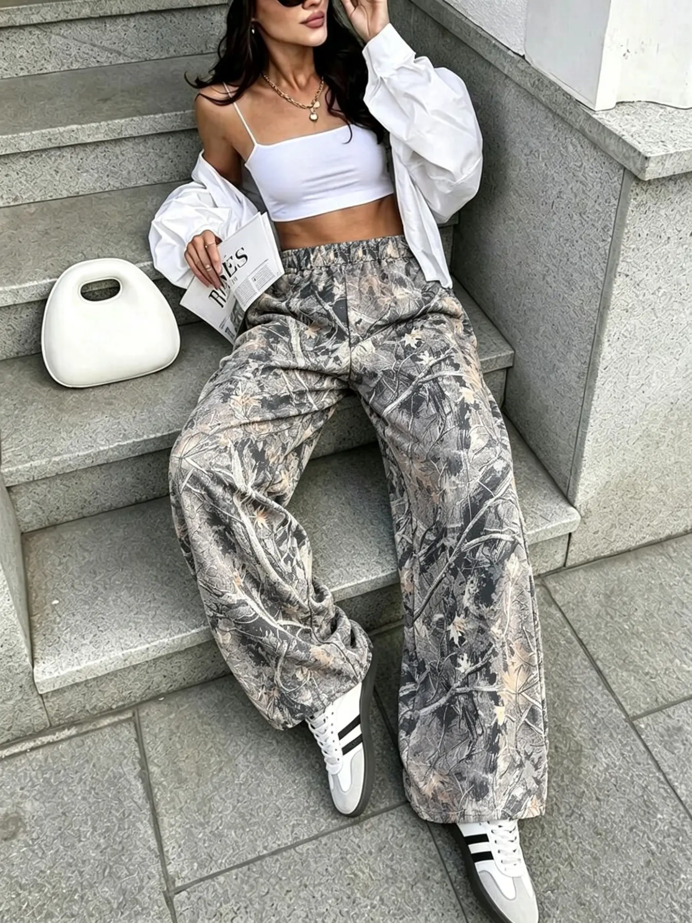 Y2K Leaf Camouflage Print Oversized Loose-Fit Trousers, Elastic Waist, Ankle-Length, Casual Streetwear, All-Seasons, Plain Surface, Unlined, Pants