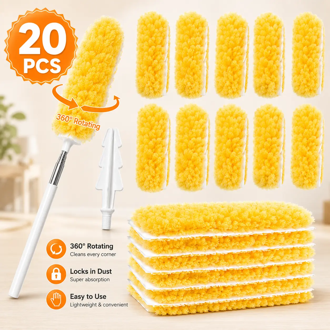 20-Pack Heavy Duty Duster Refills, 360° Disposable Multi-Surface Heads for Furniture, Blinds, Electronics and Ceiling Fans, Handle Not Included