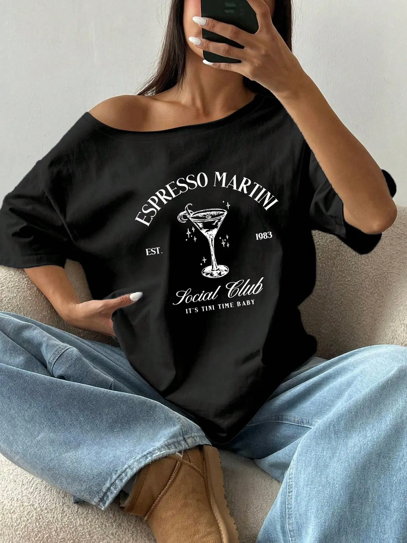 Women's Y2K Asymmetrical Shoulder Top, Casual Chic Comfortable Espresso Martini Print Tee, Versatile Wardrobe Essential, Loose-Fitting Style
