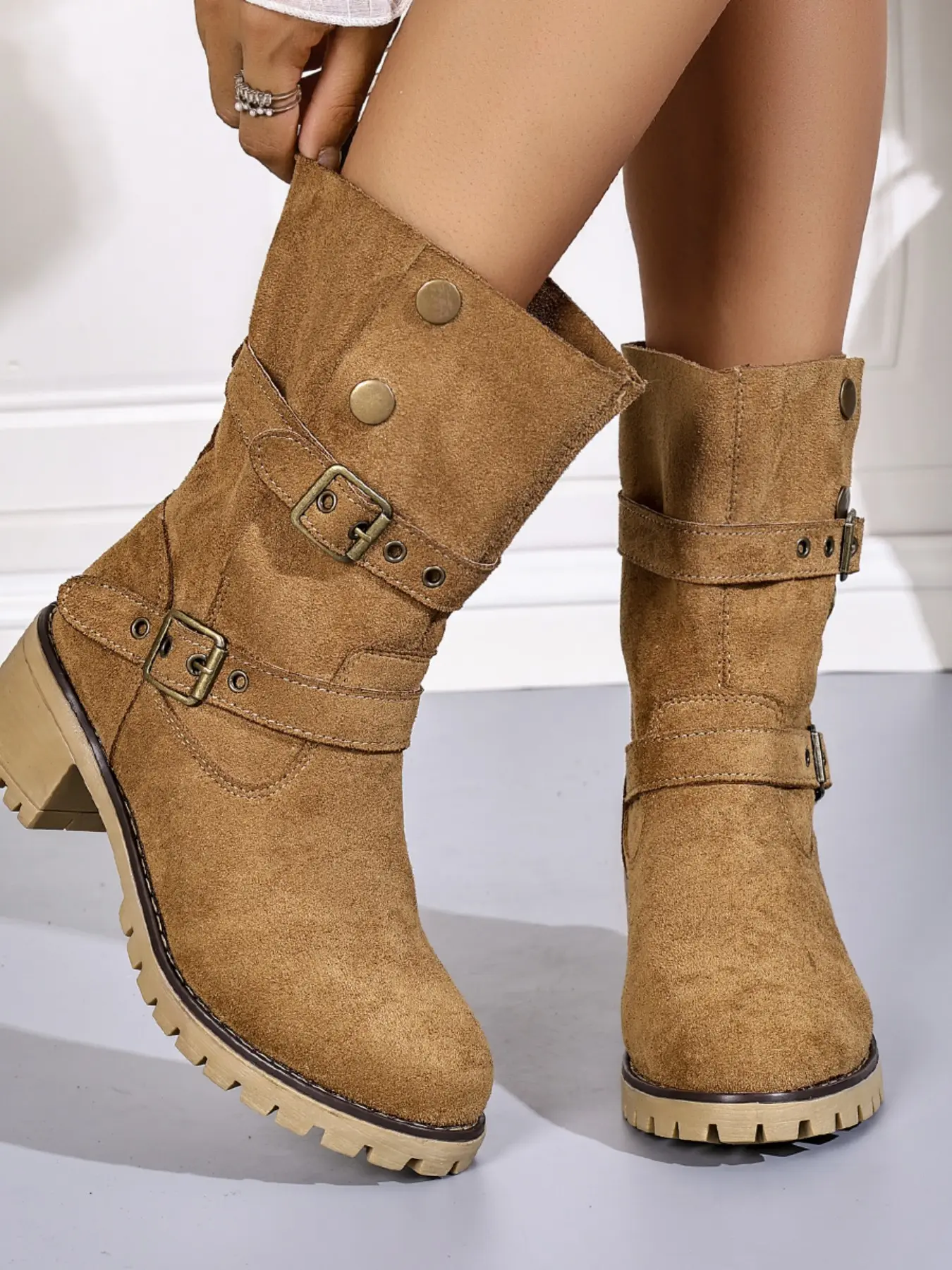 Women's Boho Mid-Calf Boots, Textile Upper, Rubber Sole, Plain Pattern, All Seasons, Casual Fall Winter Shoes, Buckle Workwear Boots