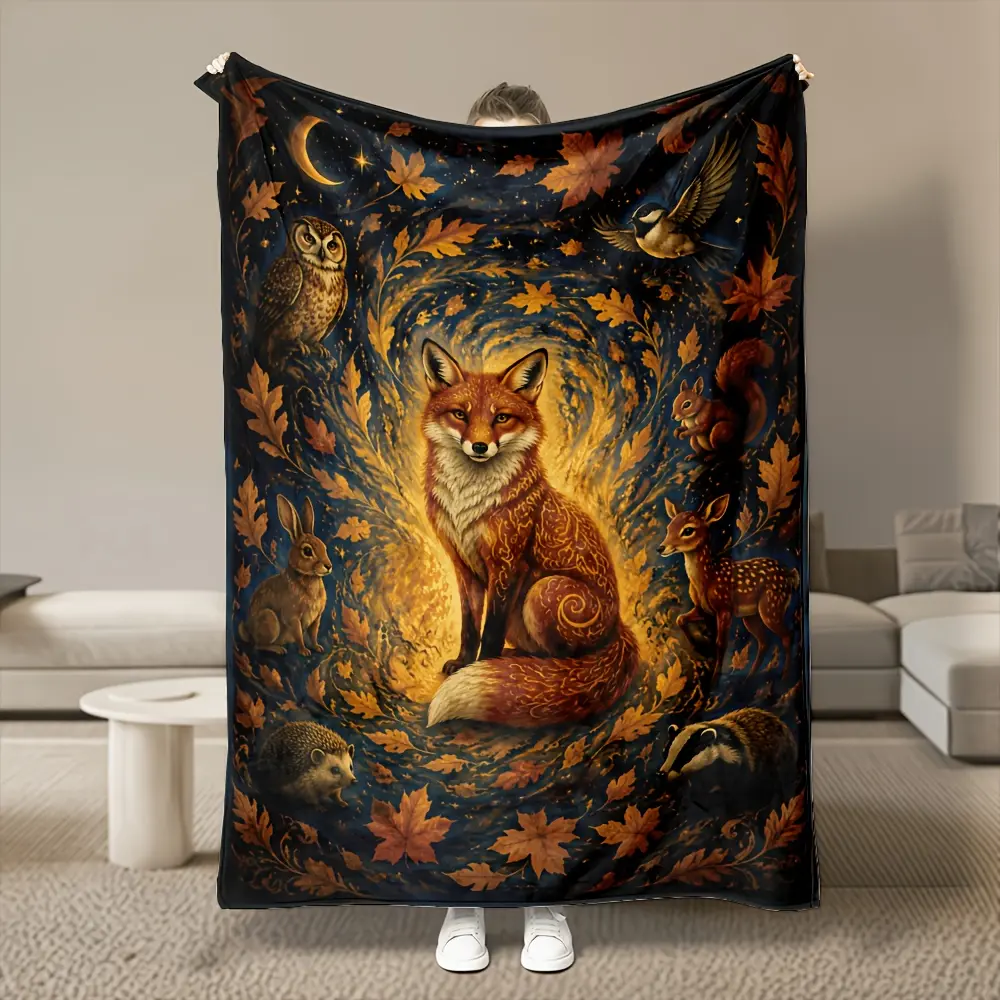 1pc Autumn Forest Animal Fox Flannel Blanket, Cozy Soft Warm, All-Season Use, 280GSM Heavy, Multi-Size, Machine Washable, for Bedroom, Sofa, Home Decor, Office, Dorm, Car, Winter Throw, Ideal Gift Choice