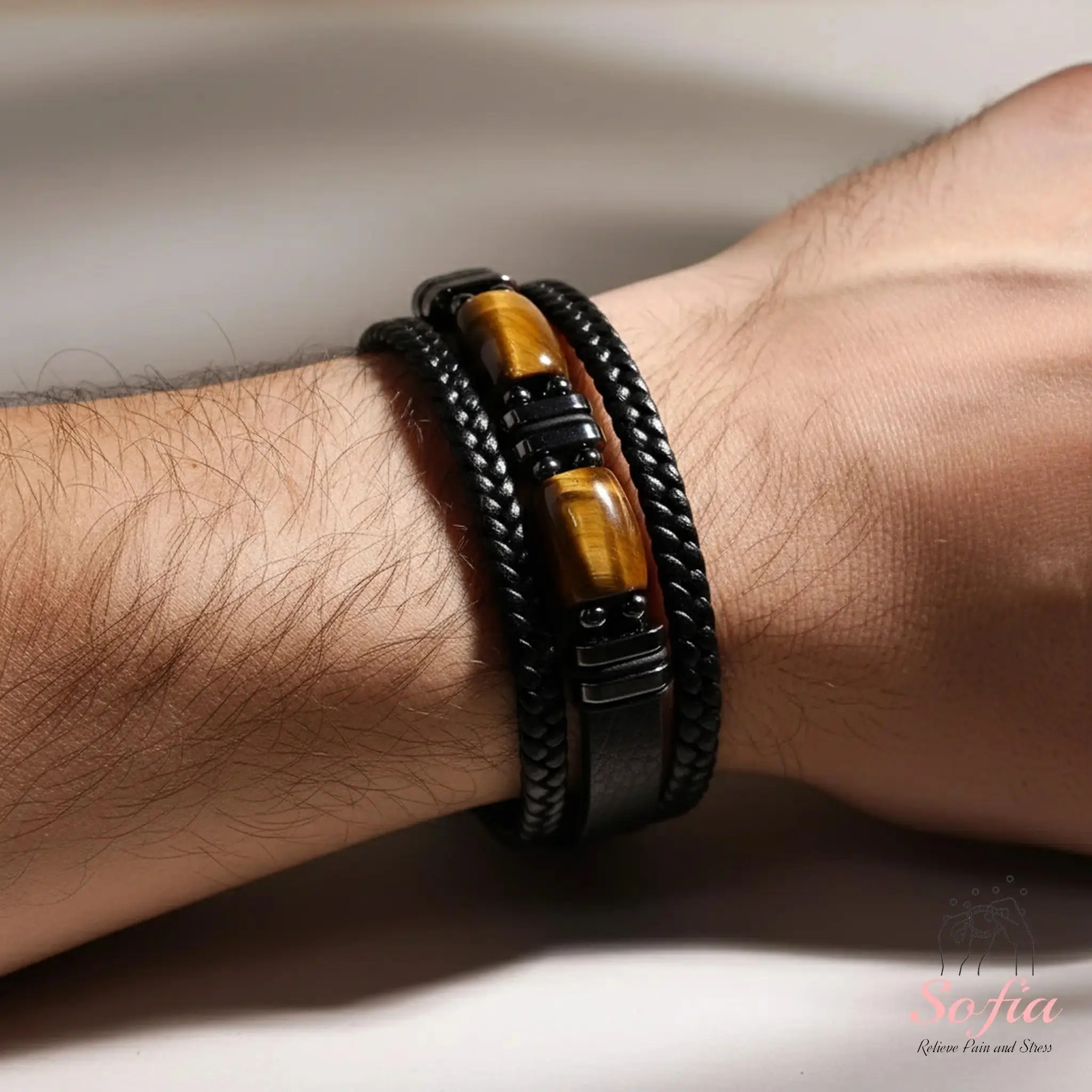 Men's Leather Braided Bracelet - Multilayer Wristband with Natural Tiger Eye Stone & Magnetic Closure, Boho Retro Jewelry Gift for Father Son Boyfriend