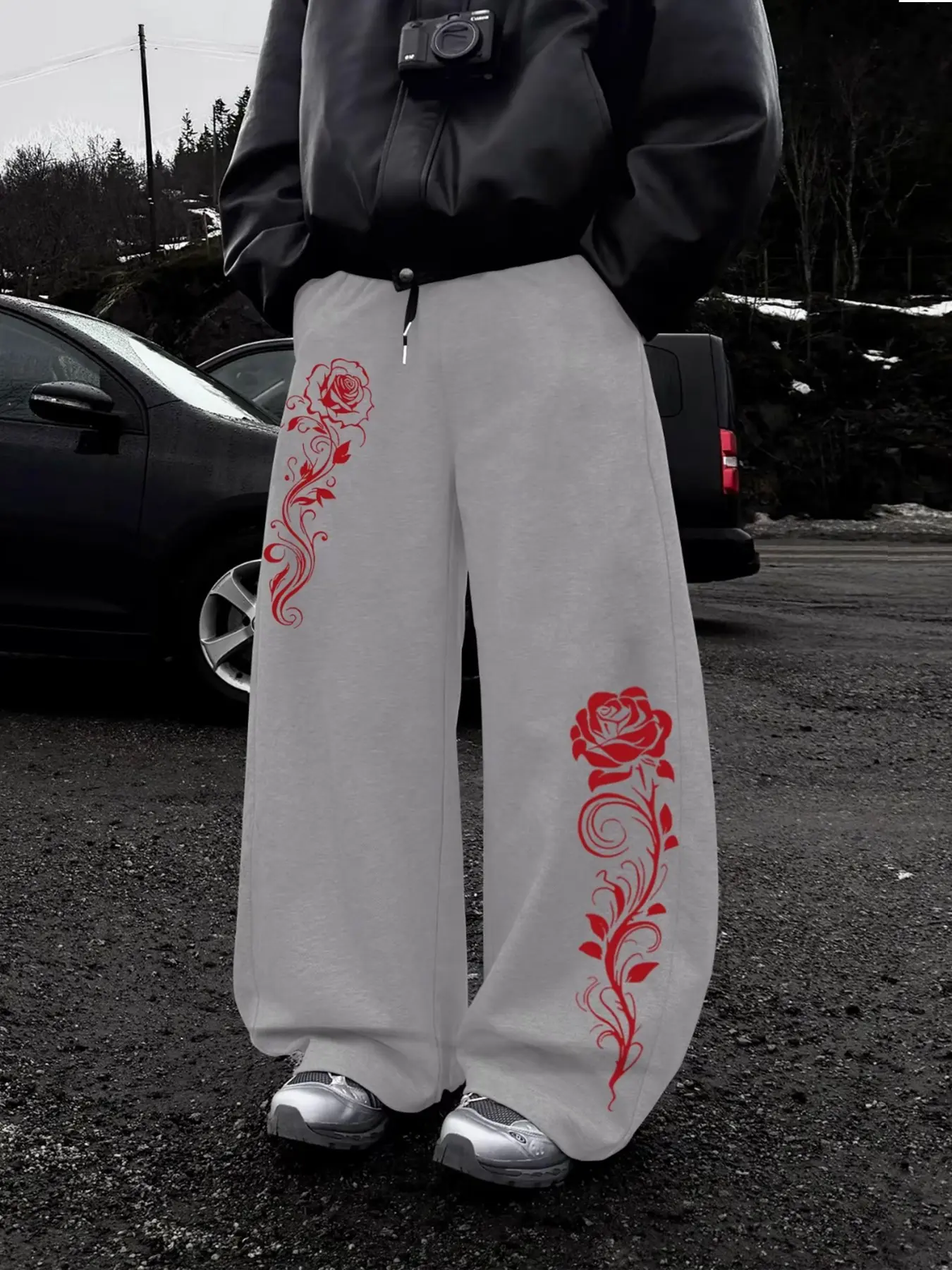 Men's Rose Pattern Print Drawstring Waist Sports Pants, Casual Comfortable Jogging Pants, Classic Versatile Sport Sweatpants