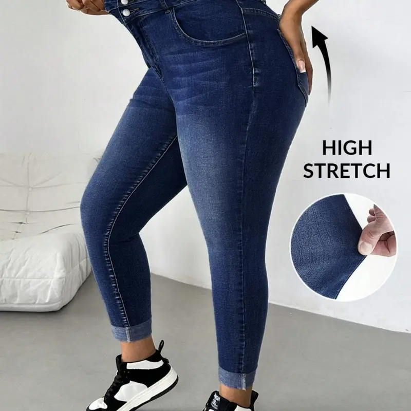 [Plus Size] Solid High Waist Skinny Jeans, Casual Fashion Denim Pants Bottom for Daily Outdoor Wear, Women Plus Clothing for All Seasons