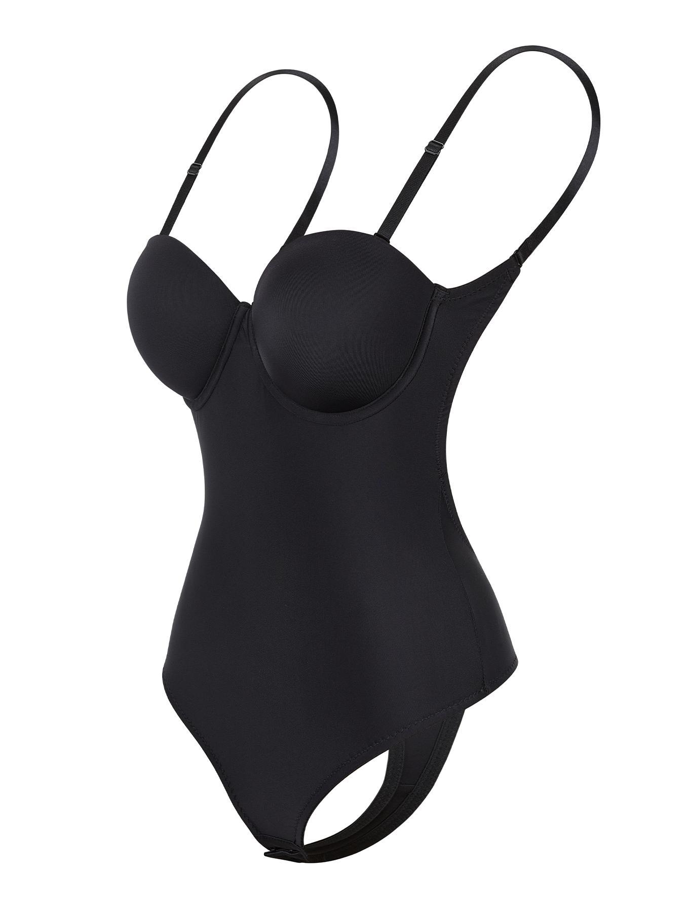 Women's Solid Backless Hook Eye Design Shapewear Bodysuit, Adjustable Strap Hollow Out Padded Bodysuit, Smooth High Stretch Fit Tummy Control Shaper for Daily Wear