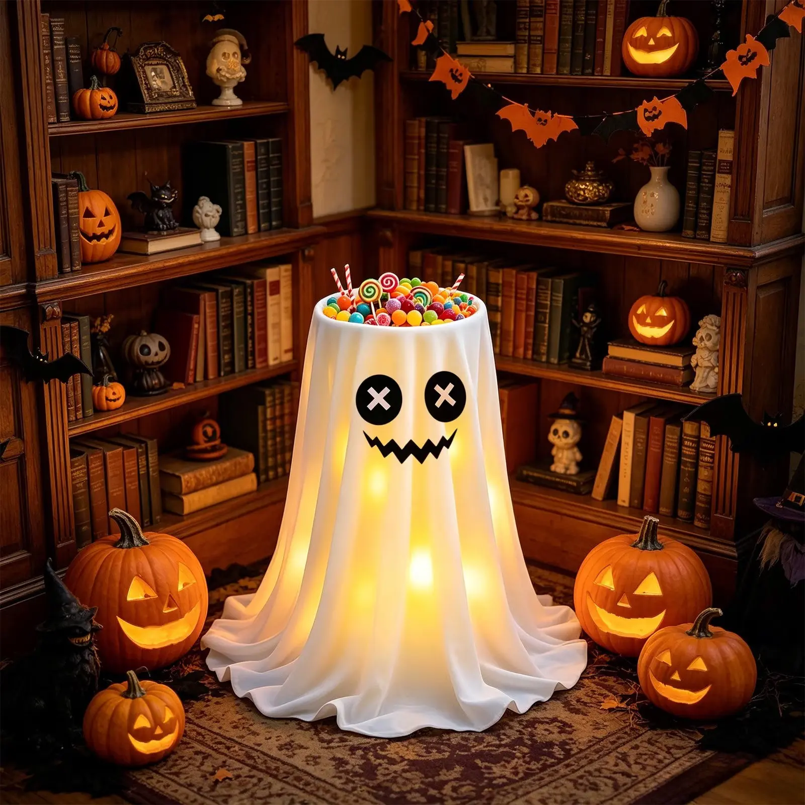 Glowing Ghost Set, Adjustable Height Candy Bowl Holder, Outdoor Halloween Decoration, Cute Trick-Or-Treat Candy Rack, Front Door Porch Decor, Led Light Up