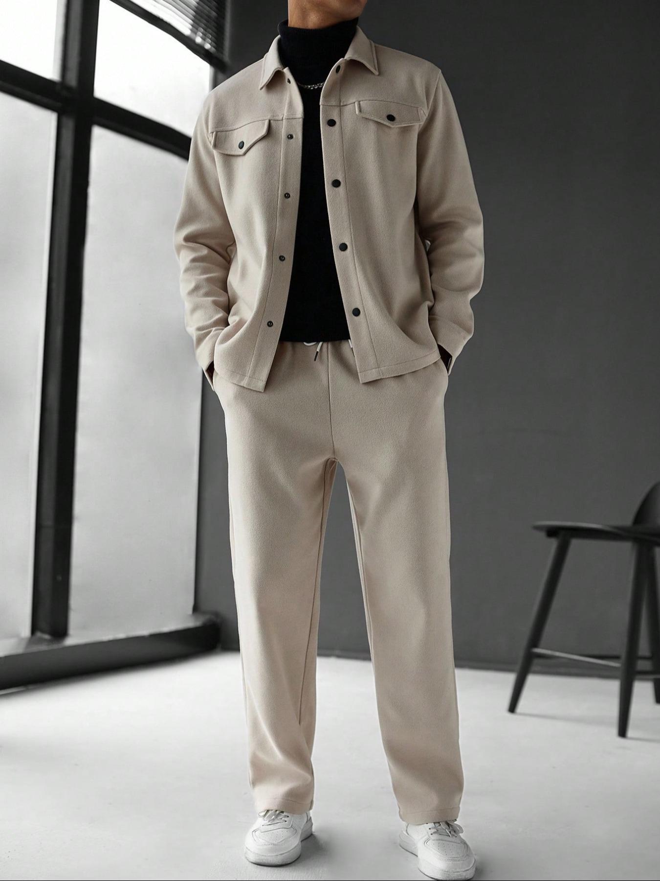 Men's Simple Fitted Woolen Jacket Set, Fashion Casual Design, Suitable for Work or Outing, Lightweight Ensemble, Enhance Your Wardrobe Taste