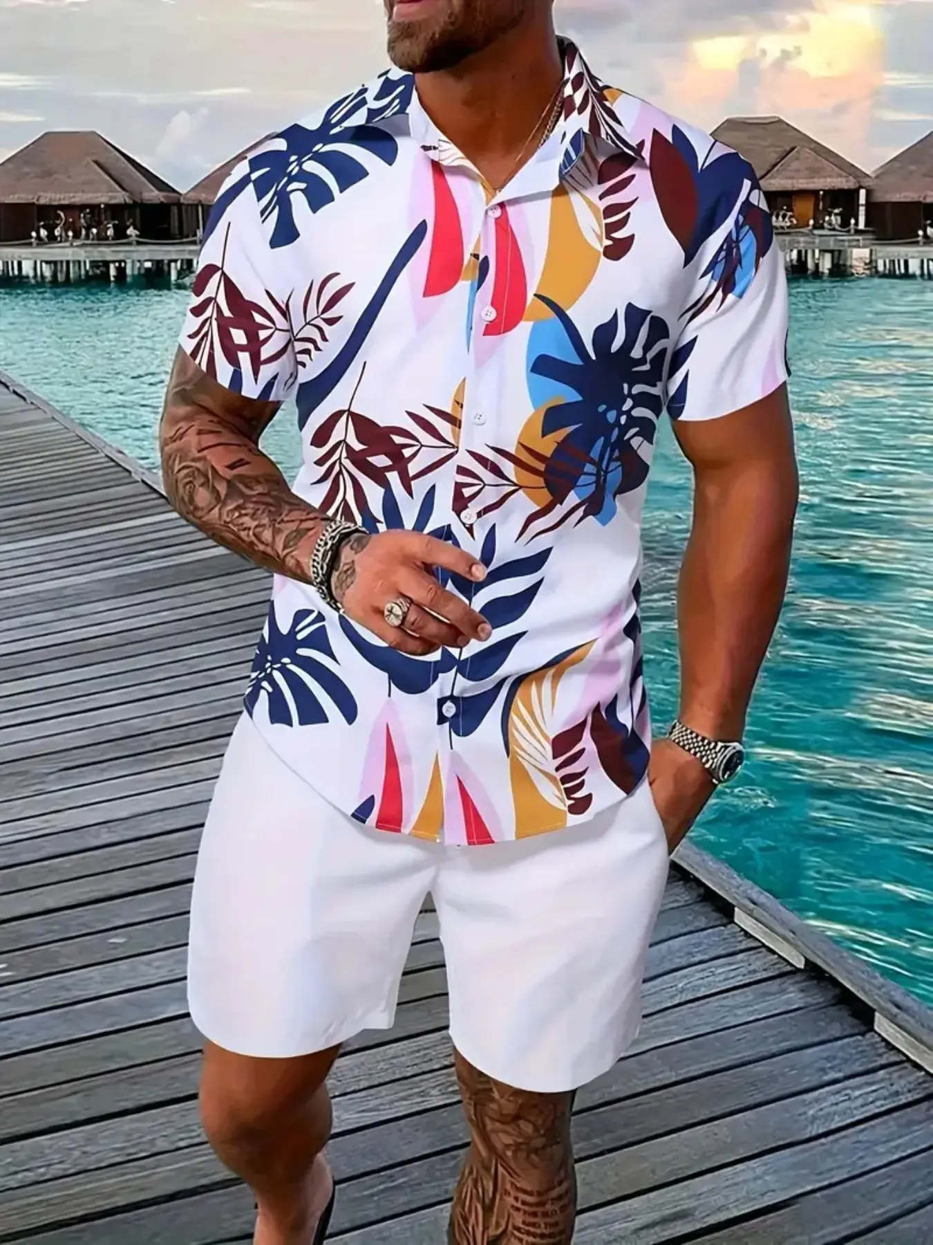 Men's Island Vacation Two-Piece Set, Vintage Tropical Leaf Print Collar Shirt and Shorts, Casual Loose-Fitting