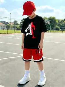 2pcs Set Tween Boy Colorblock Basketball Graphic Print Short Sleeve T-Shirt And Shorts, Sport Clothing, Sporty Streetwear Outfit For Boys, Suitable For Casual And Sports Occasions In Summer