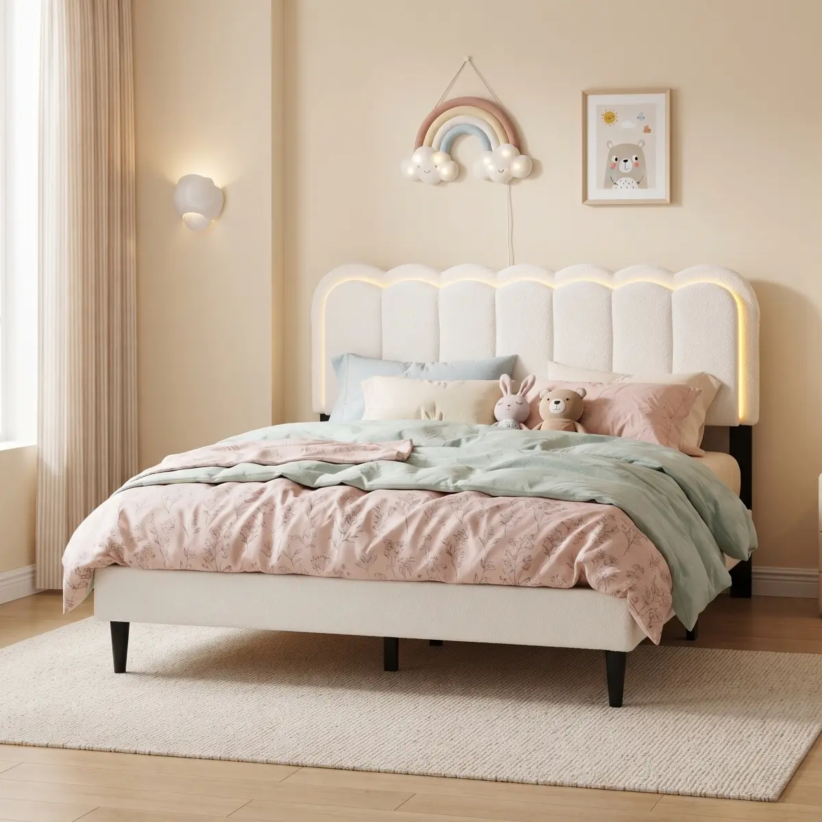 Christopher Knight Home Lambswool Petal Headboard Bed Frame Cream Style Bedroom Soft Bed with Atmosphere Light, Queen/Full