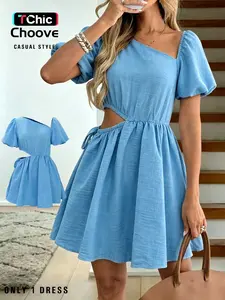 Women's Romantic Casual Style Dress, Asymmetrical Shoulder and Waist Design with Cutout, Flounce Sleeves, A-Line Short Dress, Elegant Chic Fashion